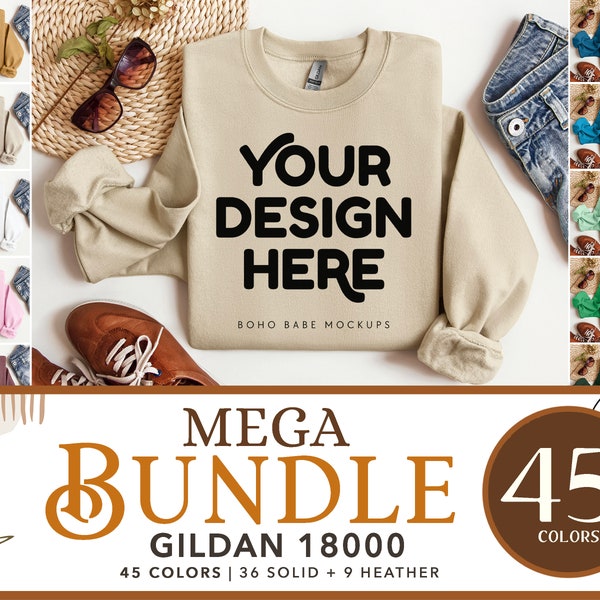 Gildan 18000 Mockup Bundle | Gildan Crewneck Mockup Bundle, gefaltetes Sweatshirt Mockup Bundle, Boho Styled Sweater Mockups, POD Flat Lay Mock