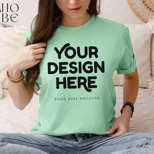 MINT GREEN Gildan 64000 Model Mockup, Boho Lifestyle Woman Mock-up, Softstyle Tshirt Female Model Mock, POD Real Product, Tee Photo Template