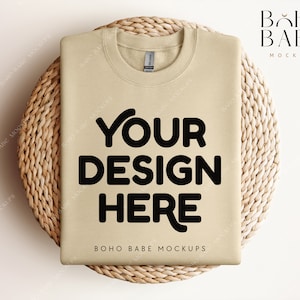 Gildan 18000 Sweatshirt Mockup - Sand | Gildan Flat Lay Mockup, Folded Crewneck Boho Mockup, Pullover Gildan Crewneck, POD Template