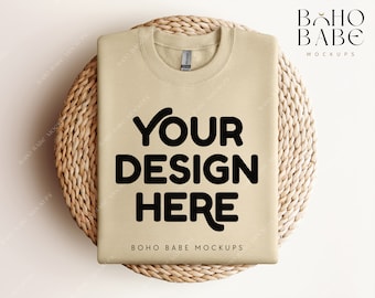 Gildan 18000 Sweatshirt Mockup - Sand | Gildan Flat Lay Mockup, Folded Crewneck Boho Mockup, Pullover Gildan Crewneck, POD Template