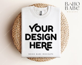 Gildan 18000 Sweatshirt Mockup - White | Gildan Flat Lay Mockup, Folded Crewneck Boho Mockup, Pullover Gildan Crewneck, POD template