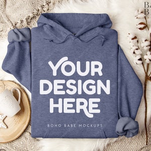 Heather SPORT DARK NAVY Gildan 18500 Mockup | Gildan Hoodie Flat Lay, G18500 Folded Hoodie, Boho Christmas Mock, PoD Template Real Photo