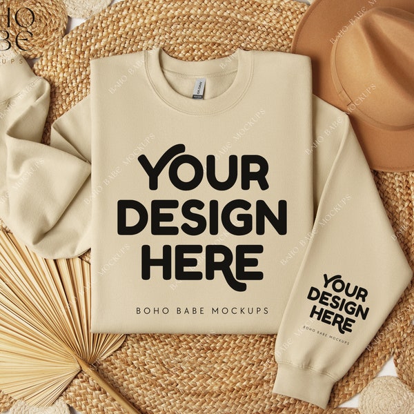 SAND Gildan 18000 Sleeve Sweatshirt Mockup | Left Cuff Print Mockup, Pocket Design Mock, Folded Crewneck Sweater Photo, POD Boho Flat Lay