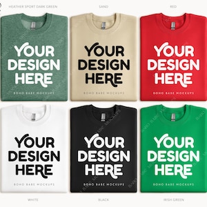 Christmas Group Mockup - Gildan 18000 Sweatshirt, Folded Crewneck Boho Flatlay, White Black Red Irish Green Heather Sport Real Photo POD Svg