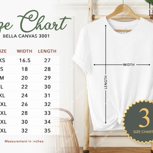 Tabla de tallas Bella Canvas 3001 / 3 Camiseta unisex Tablas de tallas Pulgadas y centímetros, Camiseta colgante Tabla de tallas Tallas métricas Medidas POD