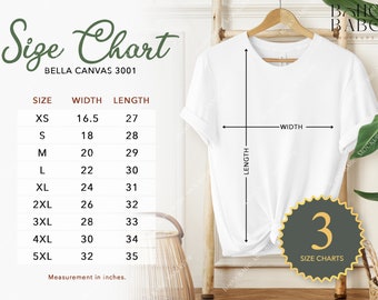 Size Chart Bella Canvas 3001 | 3 Unisex T-shirt Size Charts Inches and Centimeters, Hanging Shirt Size Chart Metric Sizing Measurements POD