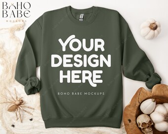 MILITARY GREEN Gildan 18000 Halloween Mockup | Gildan Sweatshirt Flay Lay G18000 Crewneck Fall Flatlay POD Pullover Sweater Boho Folded Mock