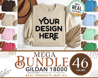 Gildan 18000 Sweatshirt Mockup Bündel | G18000 gefalteter Crewneck Boho Flatlay POD Echtfoto