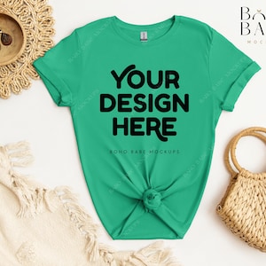 KELLY GREEN Gildan 64000 Mockup, Gildan Softstyle Boho Tshirt Mockup, St Patrick&#39;s Day Flat Lay Tee Mock, Real Stock Photo POD svg Design