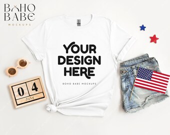 4th of July Mockup, Gildan 64000 White Mockup, Tshirt Flat Lay Mock, Patriotic Shirt Mockup, American Independence Day Mockups