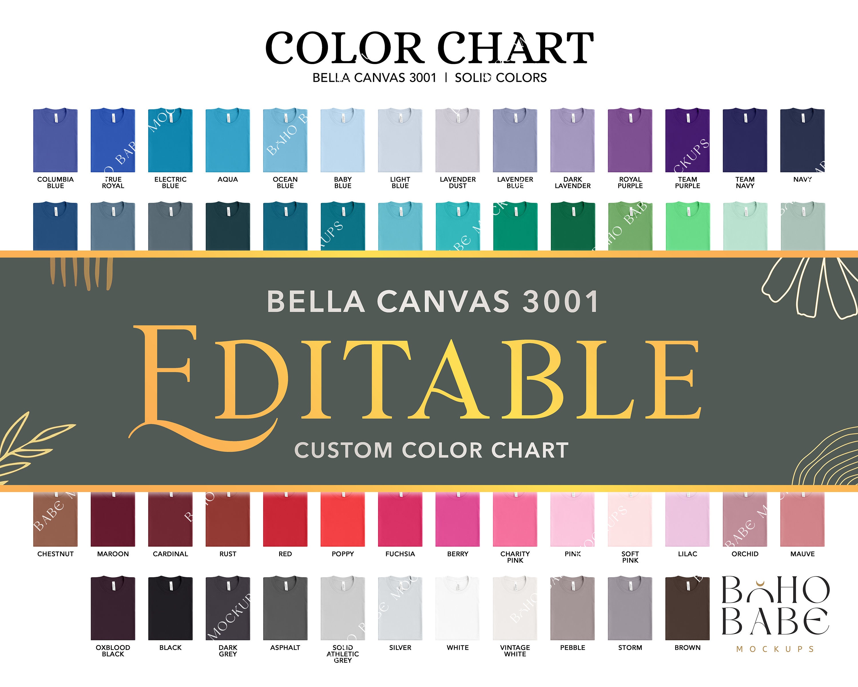 Editable Color Chart Bella Canvas 3001 | Folded T-shirts 147 PNG ...