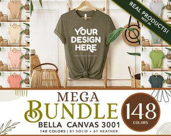 Zestaw mockupów Bella Canvas 3001 | Koszulka wisząca w stylu boho w 148 kolorach, zestaw mockupów ze zdjęciami rzeczywistymi do druku na zamówienie