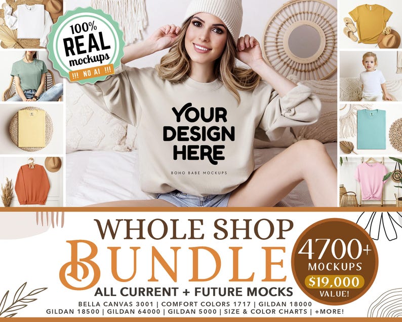 May include: A bundle of 4700+ real product mockups for use in design projects. The bundle includes mockups of t-shirts, sweatshirts, and other apparel items. The text "Whole Shop Bundle" and "All Current + Future Mocks" is displayed on the image. The text "4700+ Mockups" and "$19,000 Value!" is also displayed on the image.