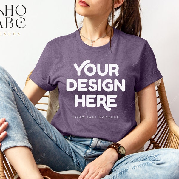 HEATHER PURPLE Bella Canvas 3001 Model Mockup, Boho Woman Mock-up, Bella and Canvas 3001cvc T-shirt Female Model Mocks, PoD Tee Photo