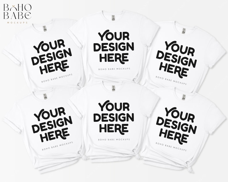 Puede incluir: Seis camisetas blancas apiladas sobre una superficie blanca. Cada camiseta tiene el texto "YOUR DESIGN HERE" impreso en negro en la parte delantera. El texto "BOHO BABE MOCKUPS" est&aacute; impreso en negro m&aacute;s peque&ntilde;o debajo del texto principal.