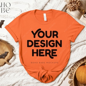 Fall Mockup | ORANGE Bella Canvas 3001 Mockup, Halloween T-shirt Mock up, Autumn Flat Lay Mock, POD Tee Shirt svg, BC3001 Halloween