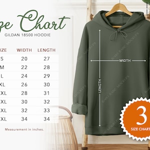 Tabla de tallas Gildan 18500 / 3 Tablas de tallas en pulgadas + centímetros, Tabla de tallas en CM, Tallas métricas, Sudadera con capucha colgante unisex Medidas POD
