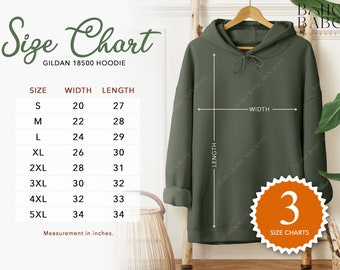 May include: Size chart for a Gildan 18500 hoodie, showing measurements in inches for width and length in sizes S through 5XL. The chart is displayed next to a green hoodie on a hanger.