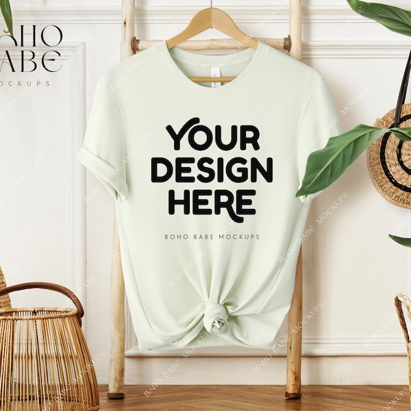 3001 CITRON Mockup, Bella Canvas 3001 Mockup, Boho Hanging Tshirt Mock-up, Pink Bella and Canvas Shirt Knot Flatlay, POD Tee Sublimation