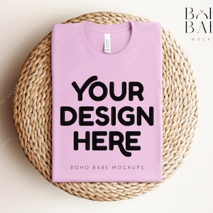 LILAC Bella Canvas 3001 Folded Mockup, Boho Flat Lay Tshirt Mock-up, Bella and Canvas Folded T-shirt Flatlay Mockup, POD Tee Photo