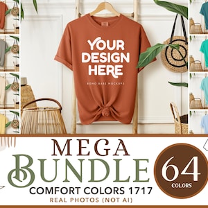 Może przedstawiać: Duży pakiet 64 różnych kolorowych koszulek, z tekstem "YOUR DESIGN HERE BOHO BABE MOCKUPS" na koszulce w kolorze rdzy. Tekst "MEGA BUNDLE 64 COLORS COMFORT COLORS 1717 REAL PHOTOS (NOT AI)" znajduje się na dole obrazu.