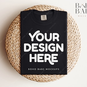 BLACK Comfort Colors 1717 Mockup | CC1717 Folded T-shirt on Round Placemat, Unisex Shirt Mock up, Clean Boho Styled Flat Lay, POD Tee Blank