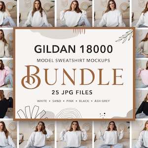 Pode incluir: Um pacote de 25 maquetes de moletom Gildan 18000 em v&aacute;rias cores, incluindo branco, areia, rosa, preto e cinza. As maquetes apresentam uma mulher usando cada moletom em diferentes poses.
