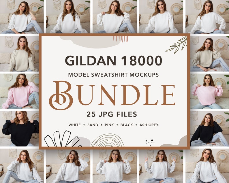 Pode incluir: Um pacote de 25 maquetes de moletom Gildan 18000 em v&aacute;rias cores, incluindo branco, areia, rosa, preto e cinza. As maquetes apresentam uma mulher usando cada moletom em diferentes poses.