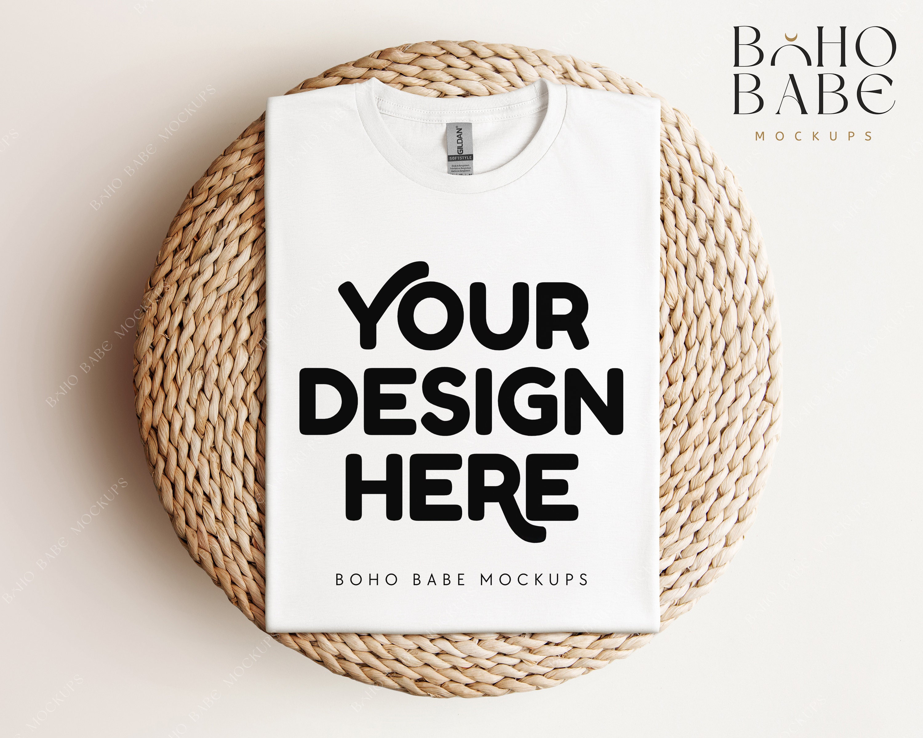 Gildan 64000 Mockup WHITE | Gildan Softstyle T-shirt Mock up, Boho Folded Shirt Flat Lay, Real Photography Mockups, POD Template