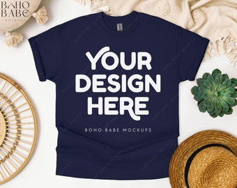 Gildan 5000 NAVY Mockup, Gildan 5000 Flat Lay Tshirt Mock-ups, Boho Flat Lay Shirt Mockup, Gildan Heavy Cotton Unisex T-Shirt Flatlay