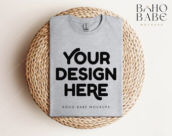 Gildan 64000 Mockup SPORT GREY | Gildan Softstyle T-shirt Mock up, Boho Folded Shirt Flat Lay, Real Photography Mockups, POD Template