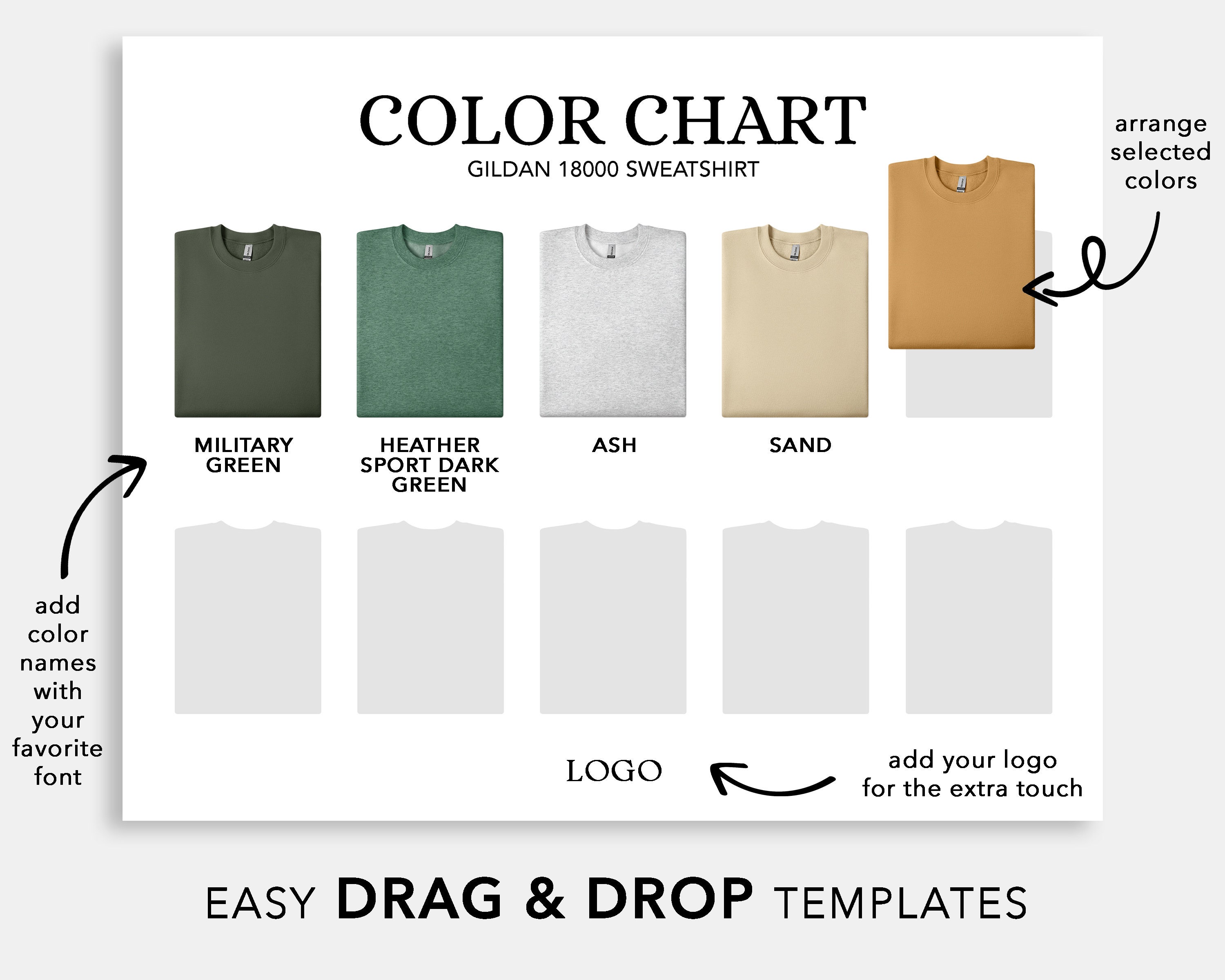 18000 Editable Color Chart | Gildan 18000 Sweatshirt Chart, 45 PNG ...