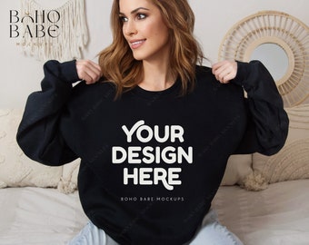 Gildan 18000 Black Sweatshirt | Gildan Crewneck Mockup | Model Mockup | Boho Sweater Mockup | Oversized Crewneck Mockup | Black Gildan Mock