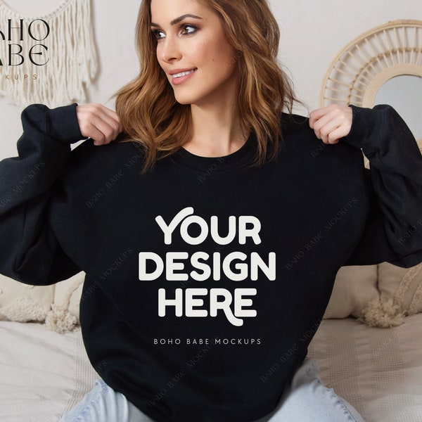 Gildan 18000 Black Sweatshirt | Gildan Crewneck Mockup | Model Mockup | Boho Sweater Mockup | Oversized Crewneck Mockup | Black Gildan Mock