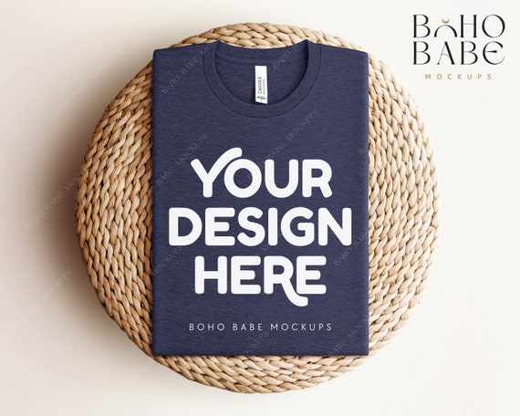 HEATHER NAVY Bella Canvas 3001 cvc Folded Mockup, Boho Flat Lay Tshirt Mock-up, Bella Canvas Folded Flatlay Mockup, Pod T-shirt Mock
