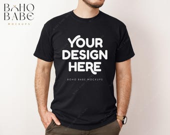 BLACK Comfort Colors 1717 Model Mockup | Real Human Male Model Tee Shirt Photo, POD Man Lifestyle, Simple Boho Digital Template Svg Design