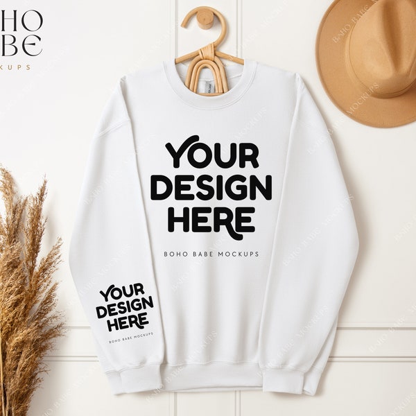 WHITE Gildan 18000 Sleeve Sweatshirt Mockup | Left Cuff Print, Right Sleeve Mockup, Hanging Sweater Photo, POD Boho Crewneck Flat Lay