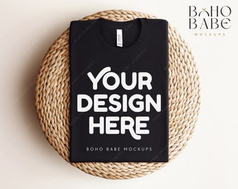 BLACK Bella Canvas 3001 Folded Mockup, Boho Flat Lay Tshirt Mock-up, Bella and Canvas Folded T-shirt Flatlay Mockup, POD Tee Photo