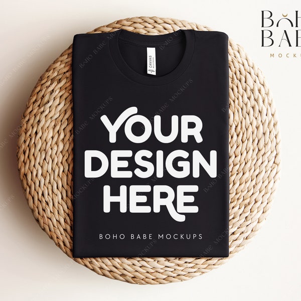 BLACK Bella Canvas 3001 Folded Mockup, Boho Flat Lay Tshirt Mock-up, Bella and Canvas Folded T-shirt Flatlay Mockup, POD Tee Photo