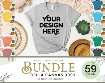 Bella Canvas 3001 Mockup Bundle | 59 Heather Farben Bella und Canvas T-Shirt Mockups, Boho Flat Lay Tshirt Mocks, Tee Flatlay SVG POD