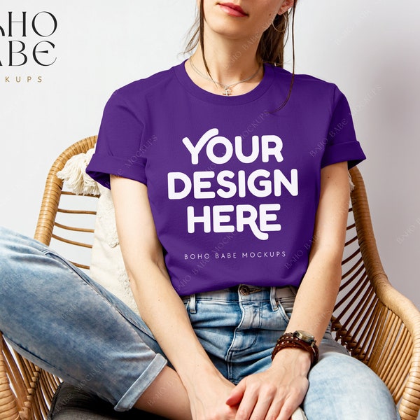 TEAM PURPLE Bella Canvas 3001 Model Mockup, Boho Woman Mock-up, Bella and Canvas 3001 T-shirt Female Model Mocks, PoD Tee Photo