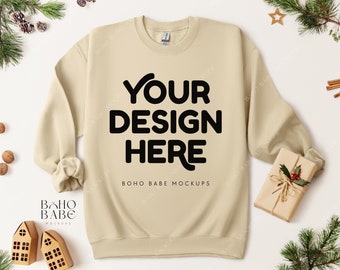 SAND G18000 Christmas Sweatshirt Mockup | Gildan 18000 Mockup, Red Crewneck Flat Lay, Boho Christmas Mockup, POD Blank Sweater Photo