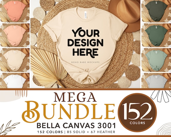 Bella Canvas 3001 Mockup Bundle | Boho Design Mockups, 3001cvc Heather T-shirt Mocks, 3001 Solid Colors Bundle, Tshirt Mock SVG POD Flat Lay