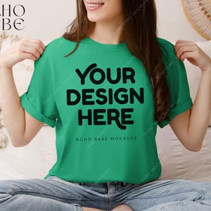 KELLY GREEN Gildan 64000 Model Mockup, Boho Lifestyle Woman Mock-up, Softstyle Tshirt Female Model Mock, POD Real Product, Photo Template