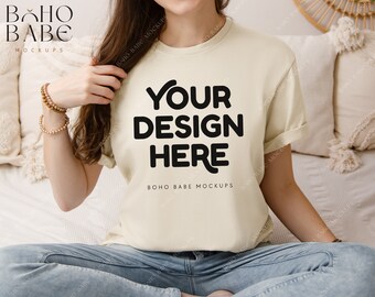 NATURAL Gildan 64000 Model Mockup, Boho Lifestyle Woman Mock-up, Softstyle Tshirt Female Model Mock, POD Real Stock Photo Template POD svg
