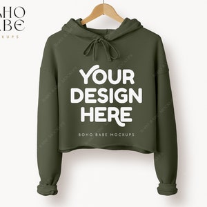 7502 MILITARY GREEN Cropped Hoodie Mockup, Bella Canvas 7502 Mockup, Women&#39;s Cropped Fleece Hoodie, POD Boho Minimalistic Simple Mocks