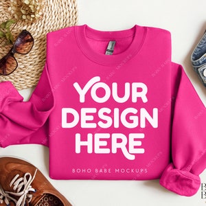 Gildan 18000 Mockup Folded - Heliconia | Boho Flat Lay Mockup, Gildan Folded Sweatshirt Mockup, Pullover Mock up, Gildan Crewneck