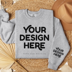 SPORT GREY Gildan 18000 Sleeve Sweatshirt Mockup | Cuff Print Mock up, Pocket Design Mock, Folded Crewneck Sweater Photo, PoD Boho Flatlay