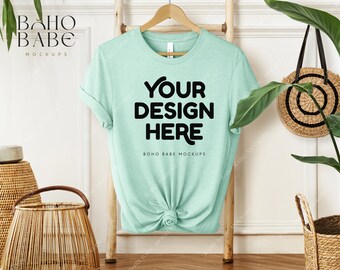 HEATHER PRISM MINT Bella Canvas 3001 Mockup, 3001 cvc Heather Prism Mint Mock-up, Boho Hanging Tshirt Mockup, Bella and Canvas Flatlay