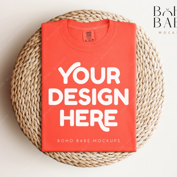 NEON RED ORANGE Comfort Colors 1717 Mockup | CC1717 Folded T-shirt on Round Placemat, Unisex Shirt Mock up, Clean Boho Styled Flat Lay, PoD